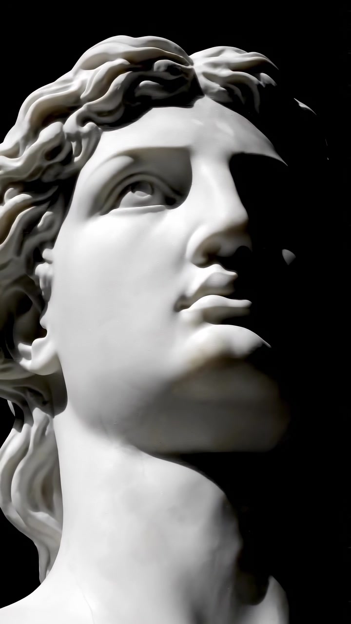 Primo piano di testa di scultura classica in marmo su sfondo nero