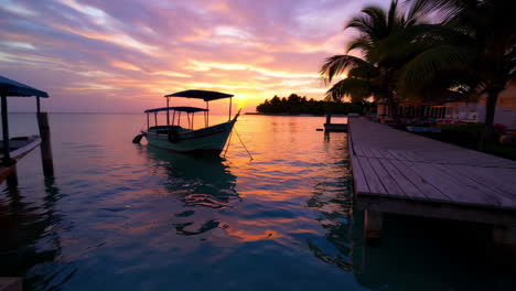 sunset over the water with boats and a dock