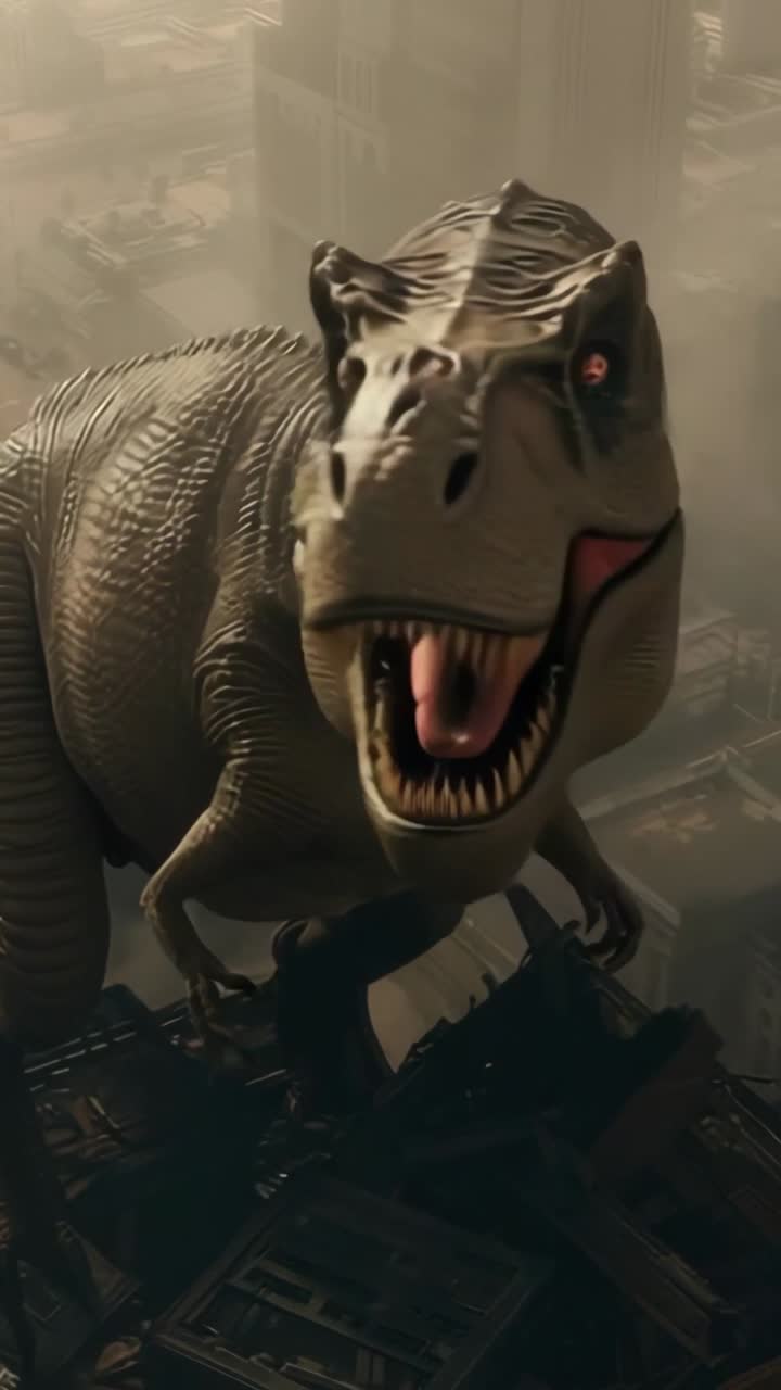 Vertical video: Shifting weight T-rex turning head and roaring on ruined skyscraper roof, in smog