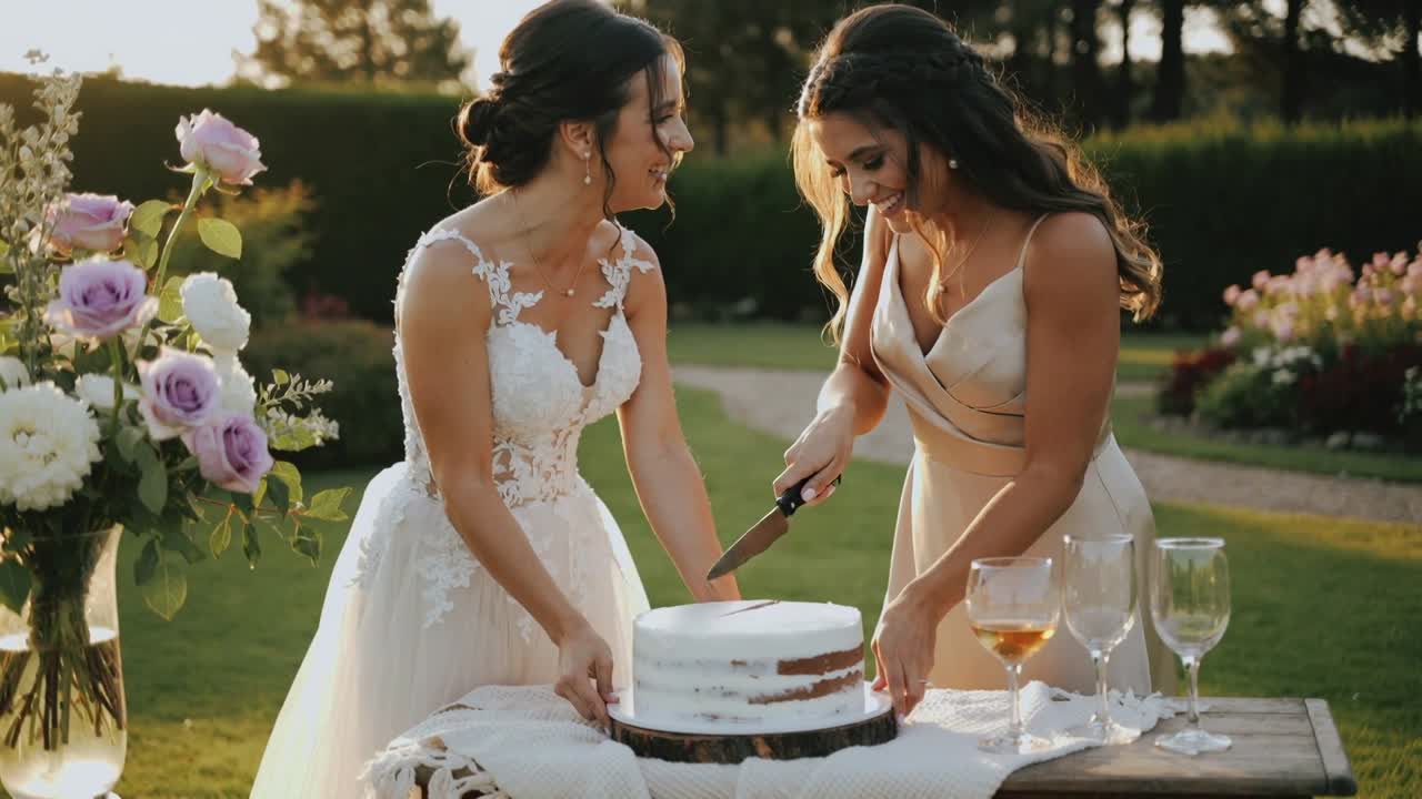Gold-dress bridesmaid raising knife, slicing cake as bride in white gown steadying cake at wedding
