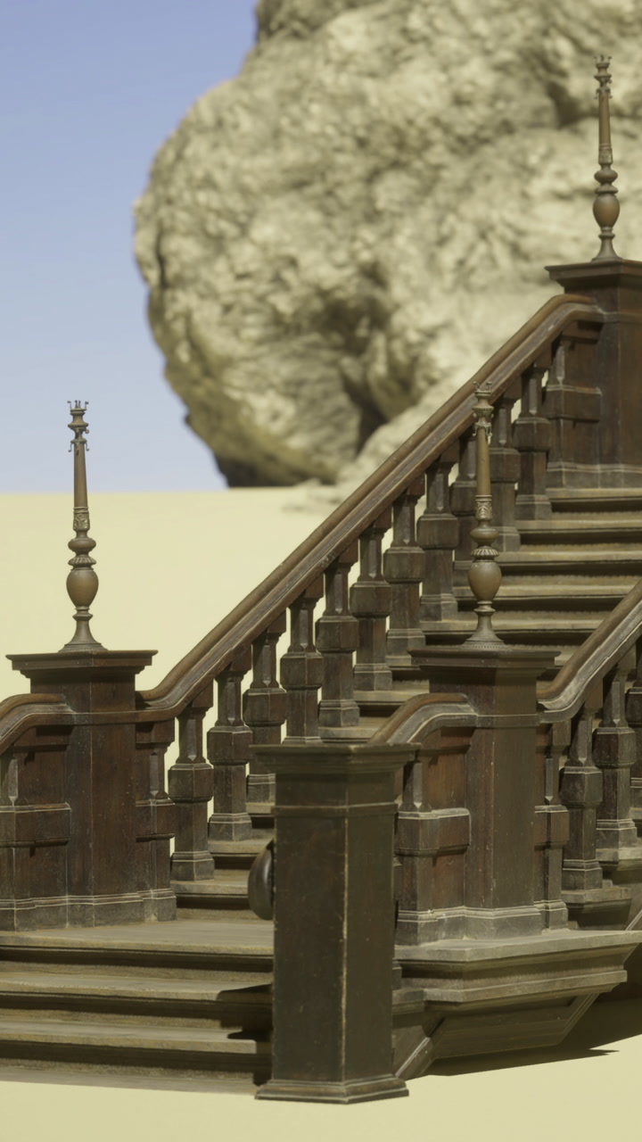 Stairs lead to nowhere in a landscape with rocks and sand dunes
