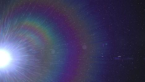 mancha blanca de luz y el destello de la lente del arco iris se mueven en el cielo nocturno
