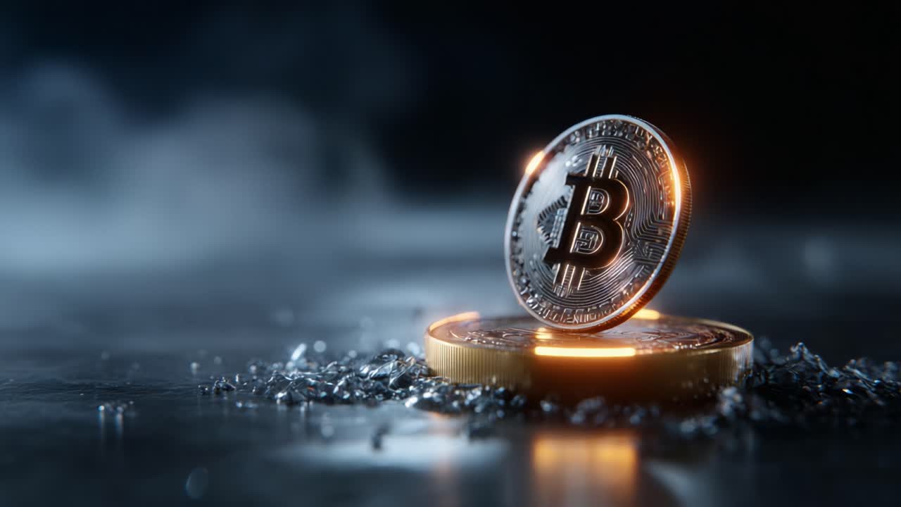 A Stunning Digital Rendering of a Bitcoin Coin Glowing Amidst a Shimmering Surface, Capturing the Essence of Cryptocurrency and Modern Finance Innovations