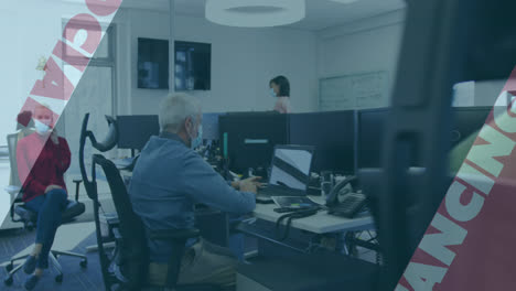 animation of words social distansing with work colleagues social distancing in office