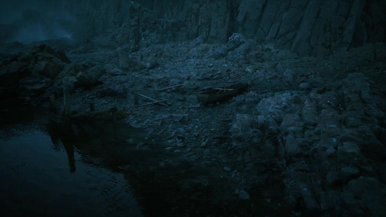 Calm water reflects moonlight over abandoned skiff and rocky shore