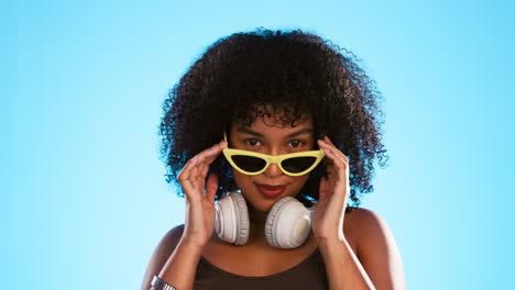 trendy black woman face isolated on blue