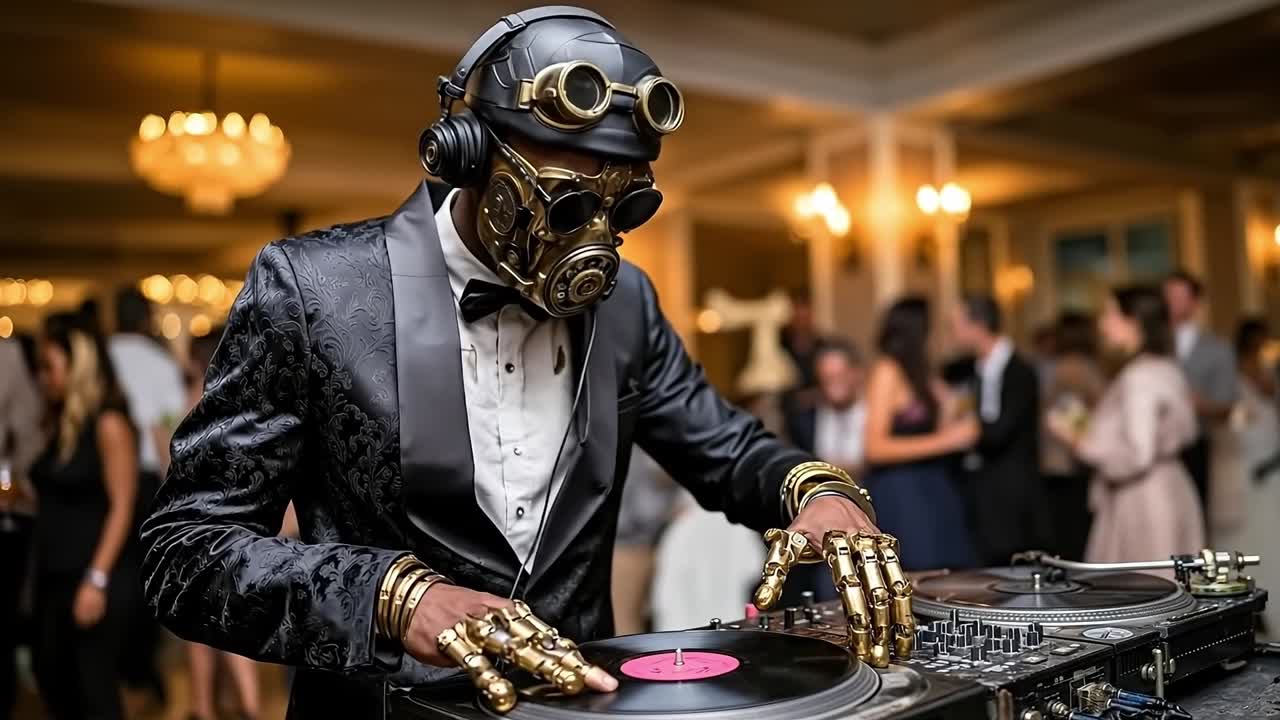 A man in a gas mask playing a dj set at a party