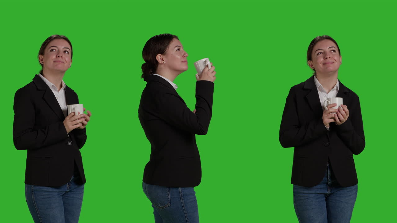 Businesswoman Enjoying Coffee on Green Screen