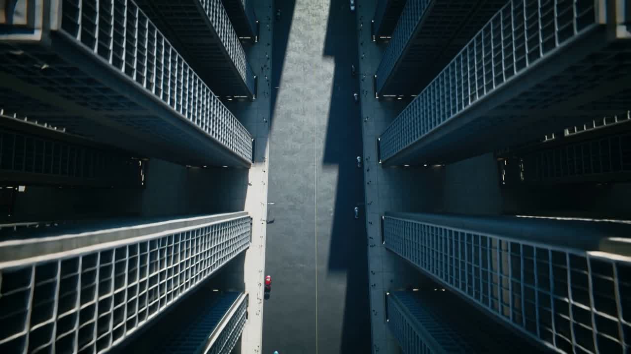 Telecamera drone che scorre, avanzando lungo un viale affiancato da torri, mostrando auto, persone e lunghe ombre.