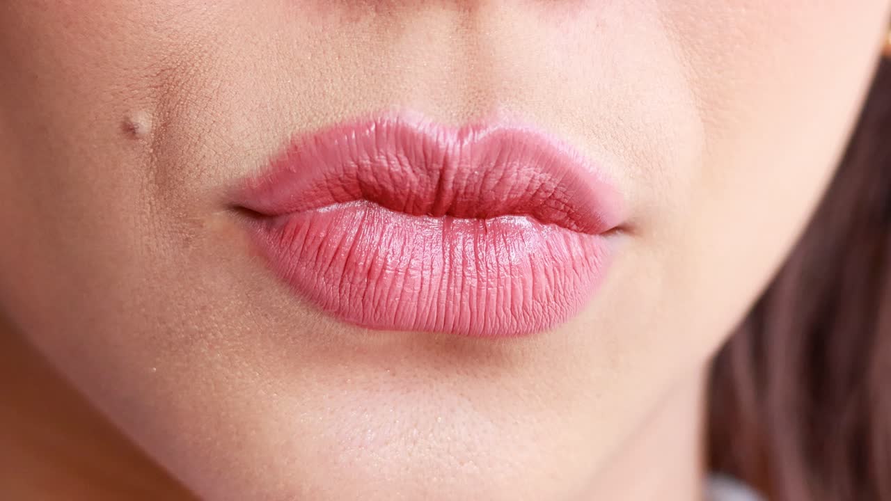 primer plano de la aplicación de lápiz labial en los labios
