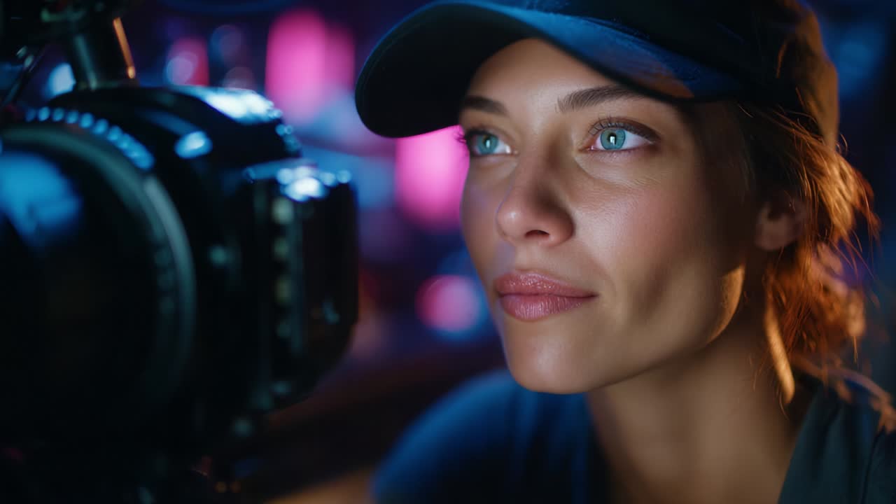 A Captivating Focus on the Determined Filmmaker Behind the Camera, Highlighting Her Intense Expression, Artistic Setting, and Passionate Approach to Cinematic Storytelling and Visual Creativity