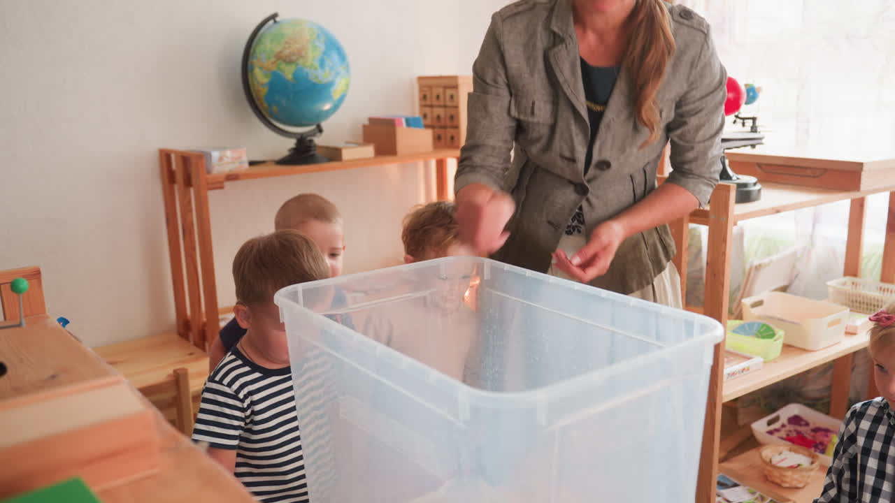 Teacher drops tortoise into white container while children watch attentively in classroom setting, globe and learning tools on shelves around, illustrating educational animal lesson