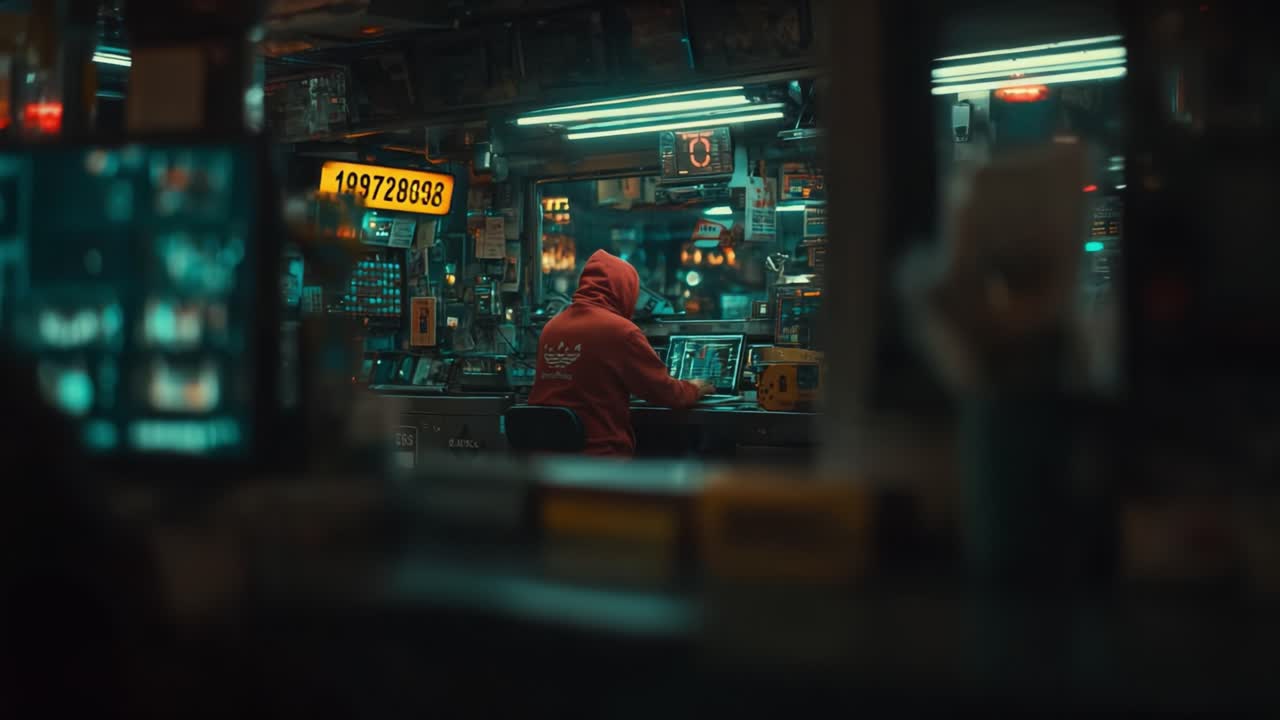 A solitary figure in a red hoodie focuses intently on a screen amidst a vibrant, neon-lit backdrop filled with gadgets, creating an atmosphere of mystery and concentration