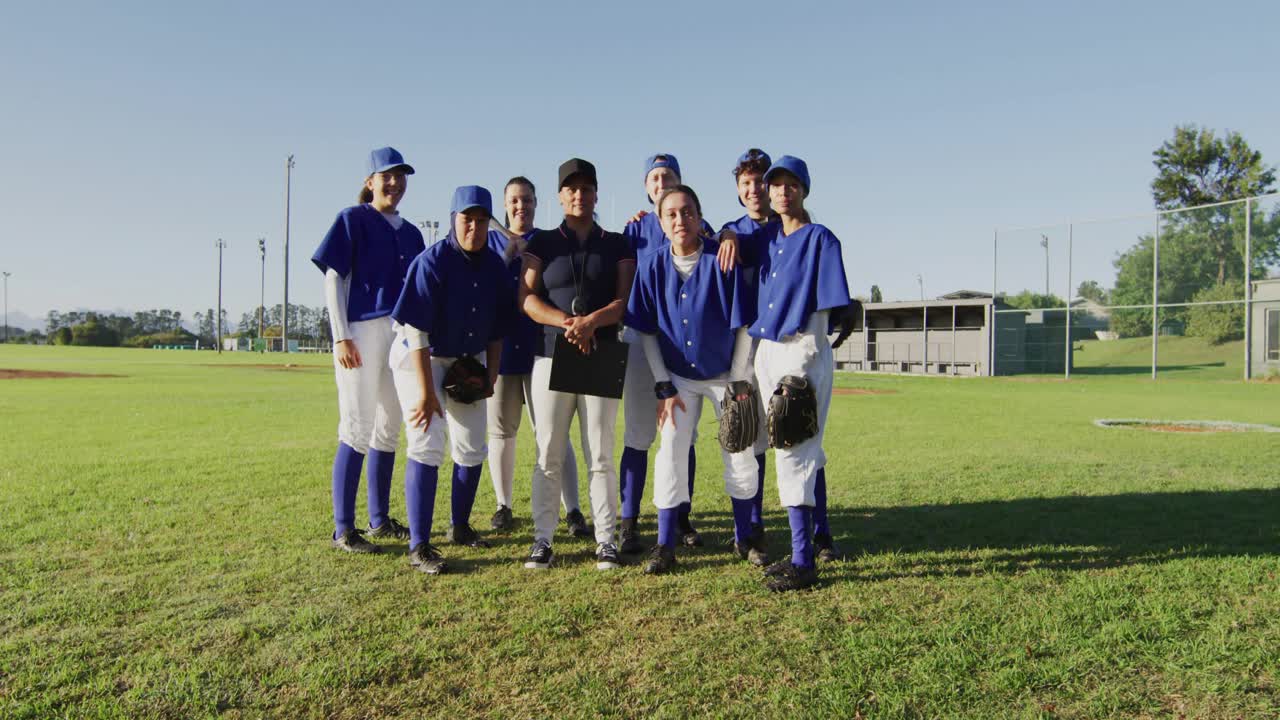 Baseball team shifting on coach signaling, raising gloves as neon wave swirling at feet celebrating