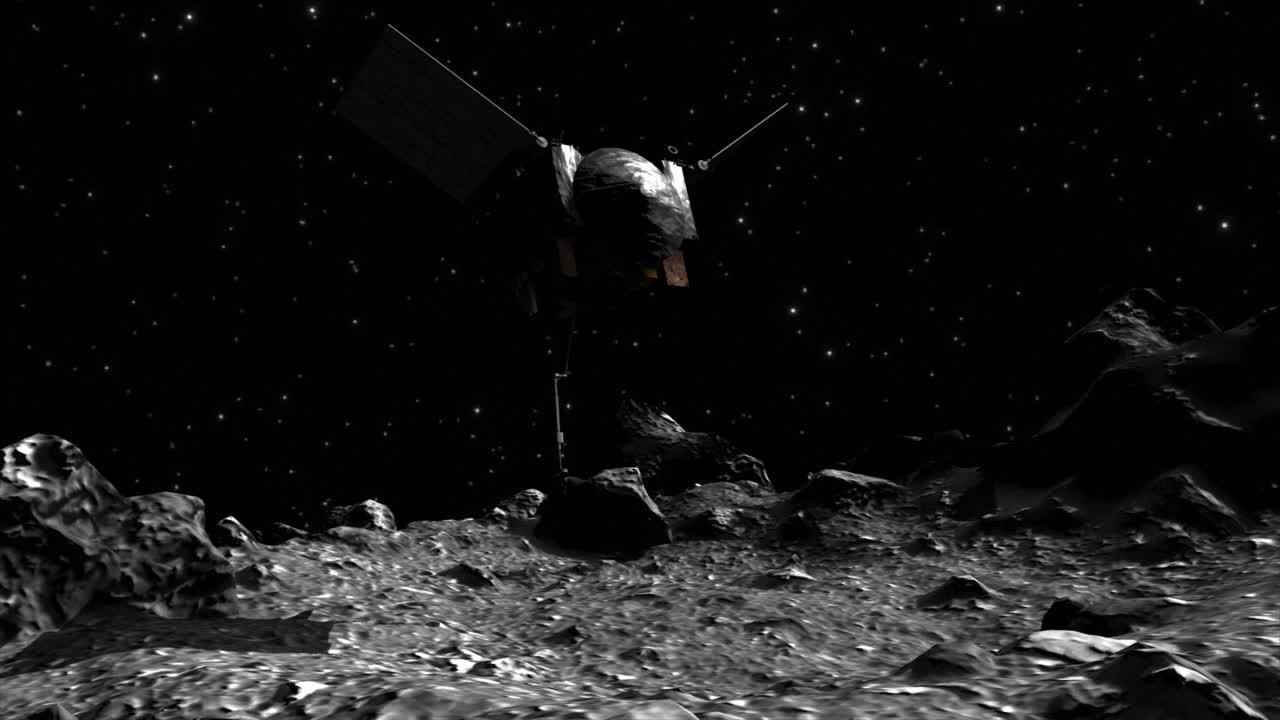 우주 탐사선 오시리스-렉스가 지구 근처의 소행성인 101955 베누의 바위 표면으로 내려가 표면 물질의 플을 수집하는 고품질의 극적인 렌더링입니다.