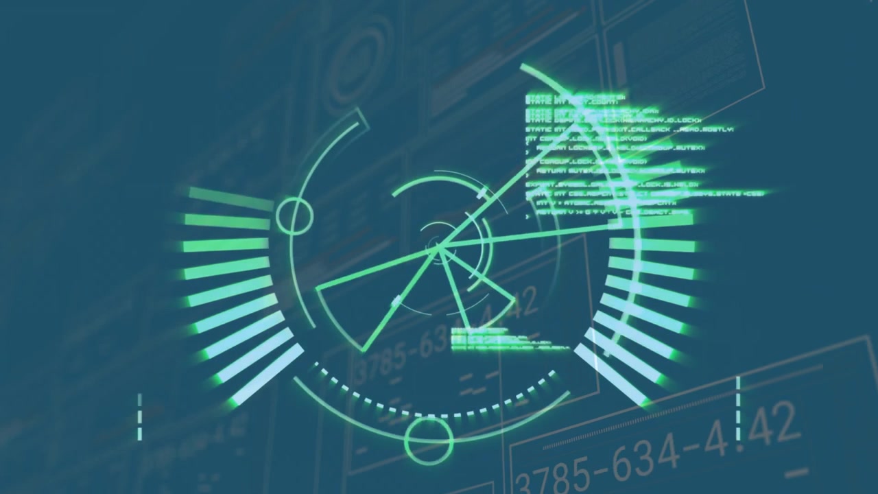 Central circular HUD interface glowing with concentric rings, radial lines and floating code blocks