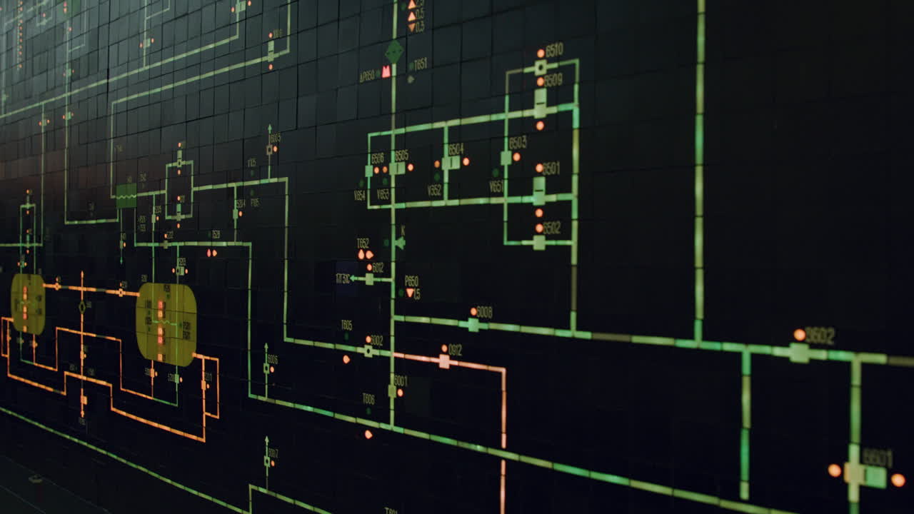 Sophisticated control panel displays a complex system. Green lines and data points show real-time feedback