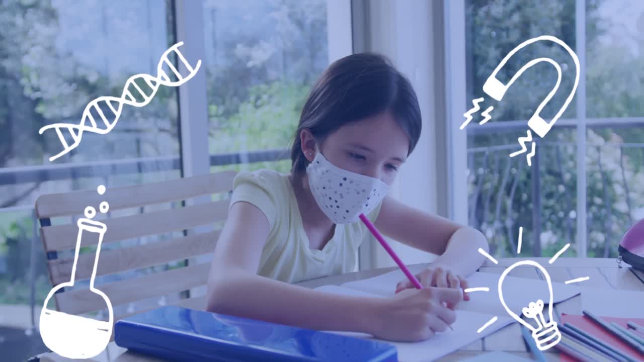 학교 아이콘의 애니메이션 초점을 맞춘 백인 소녀가 얼굴 마스크를 쓰고 숙제를 하고 있습니다.