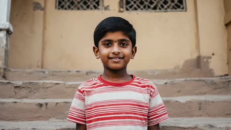 cheerful indian child posing on house stairs, donning red white striped shirt, gazing directly at viewer, soft background highlighting youthful expression