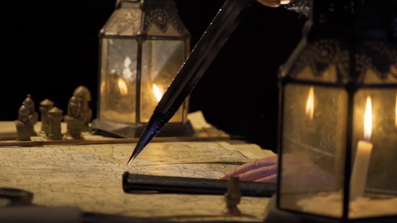 전쟁 전에 검으로 계획을 세우는 사령관.