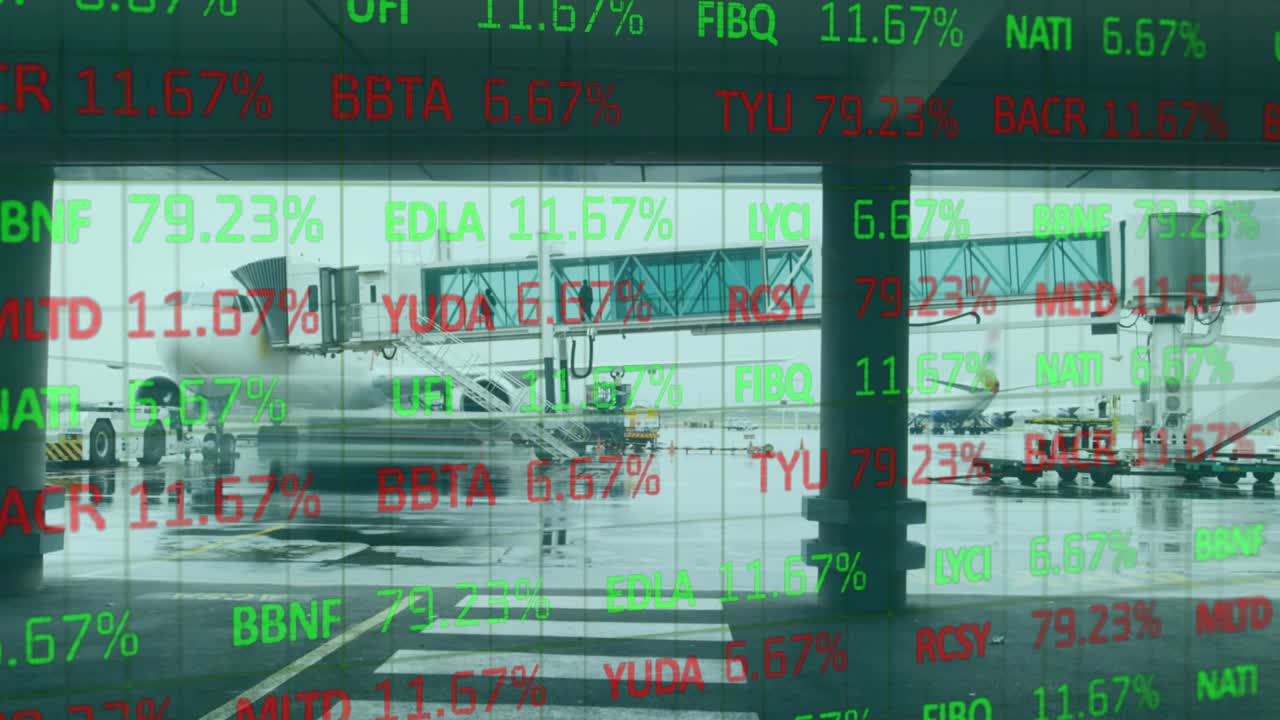 백그라운드의 공항과 비교하여 주식 시장 데이터 처리의 디지털 복합 비디오