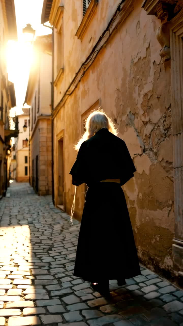 Monk Walking Through a Narrow Alley at Sunset