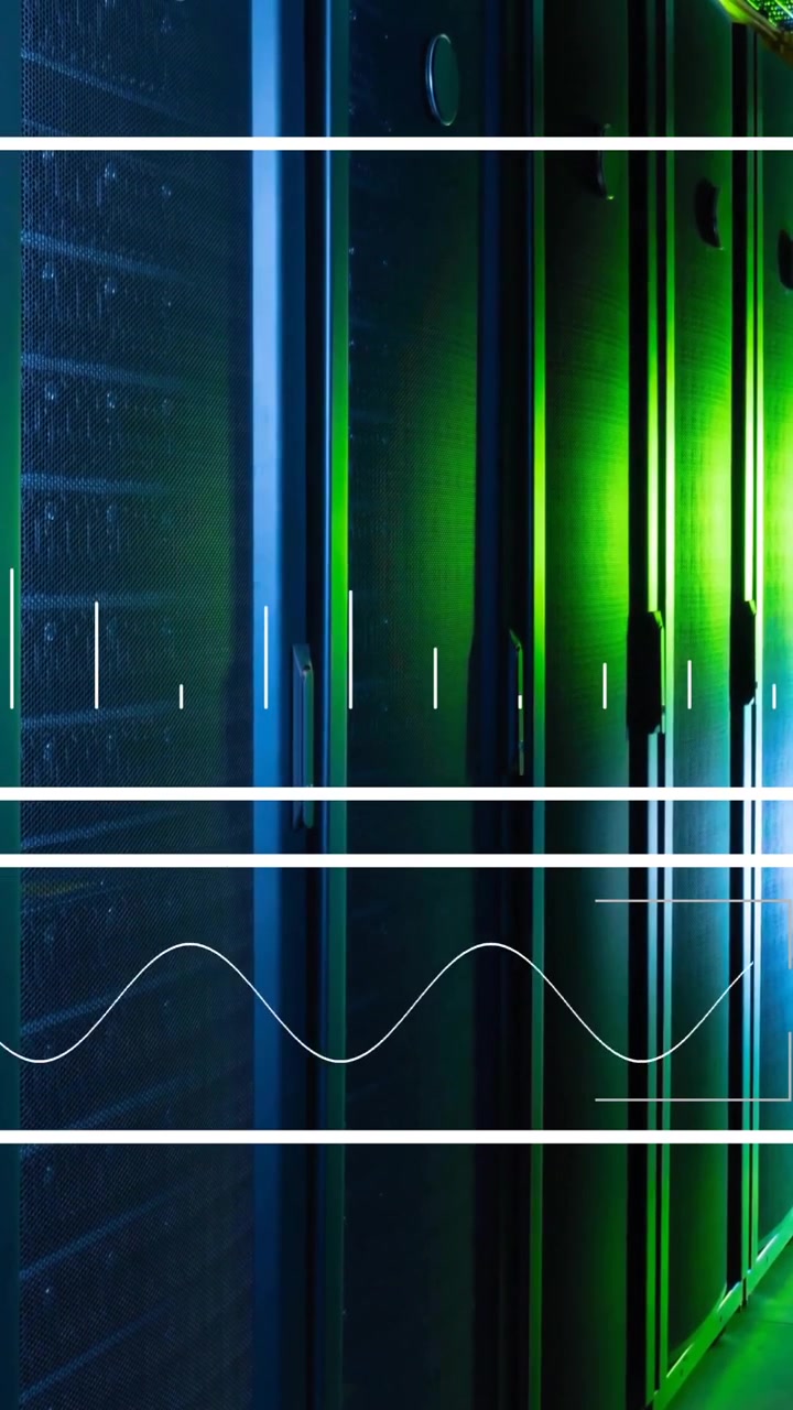 Animation of data processing and diagrams over server room