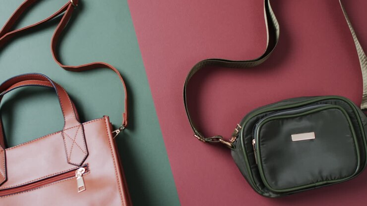 Video of brown and green shoulder bags and copy space on green and red background