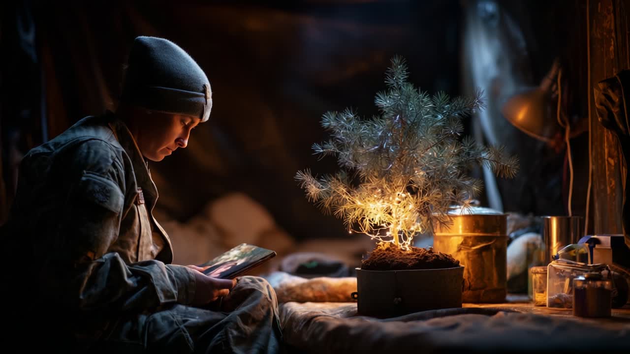 A solitary figure immersed in reading sits beside a glowing potted tree, casting warm light in the dimly lit shelter, creating a cozy atmosphere of introspection and peace in the dark environment