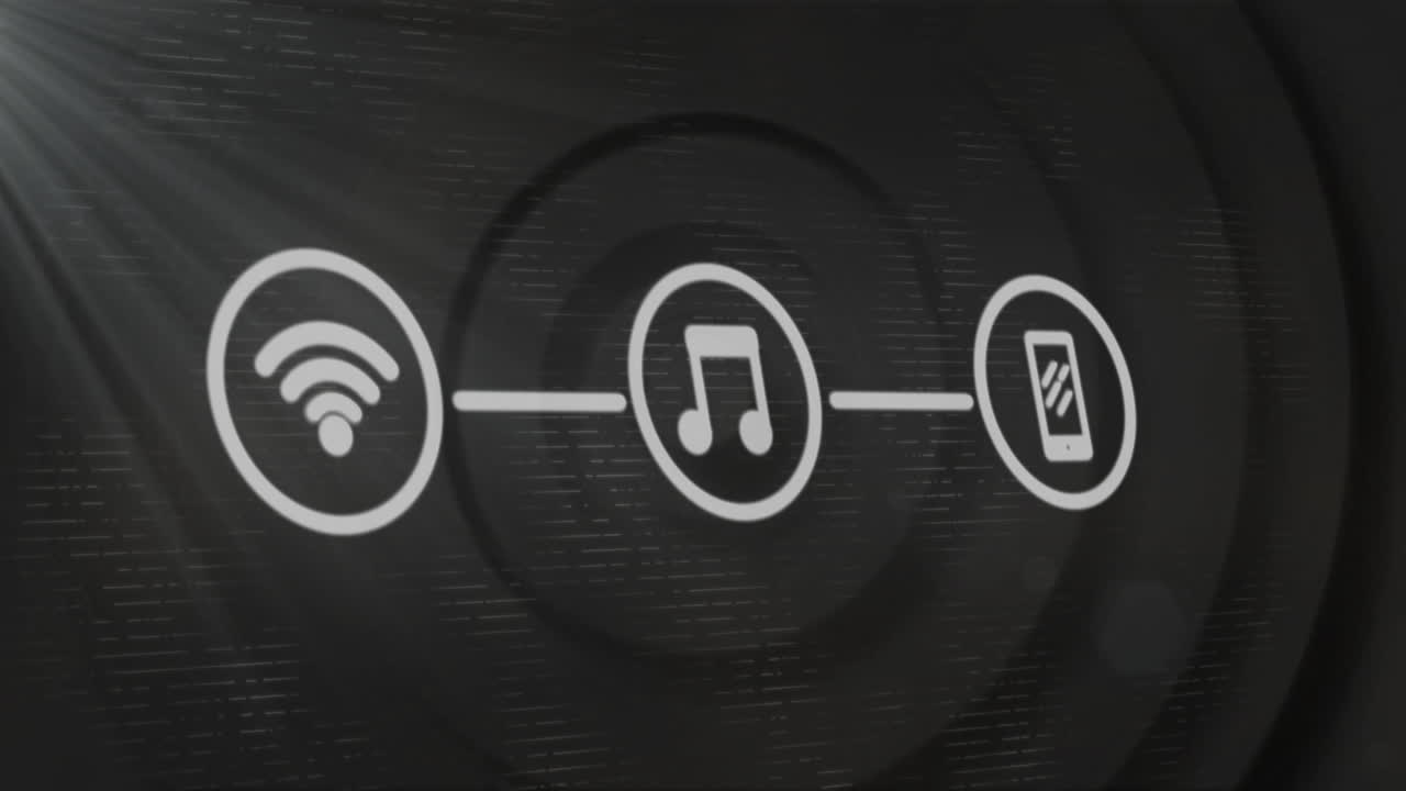 Animation of connected icons with music note and smartphone on dark background