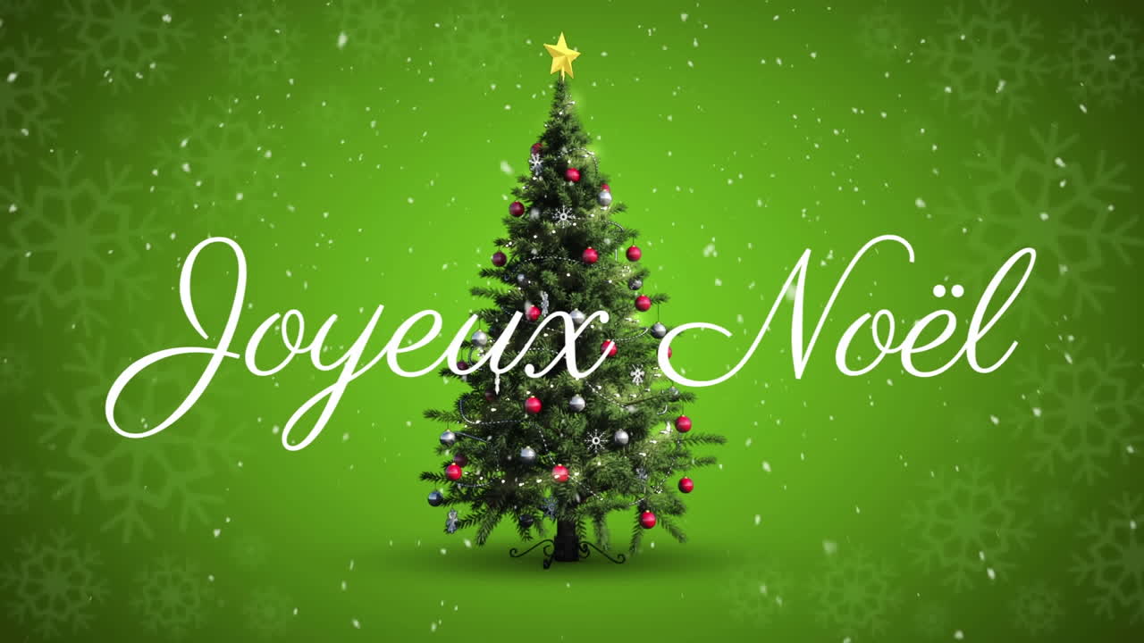 Animazione di auguri di Natale "Joyeux Noël" sopra un albero di Natale su sfondo verde