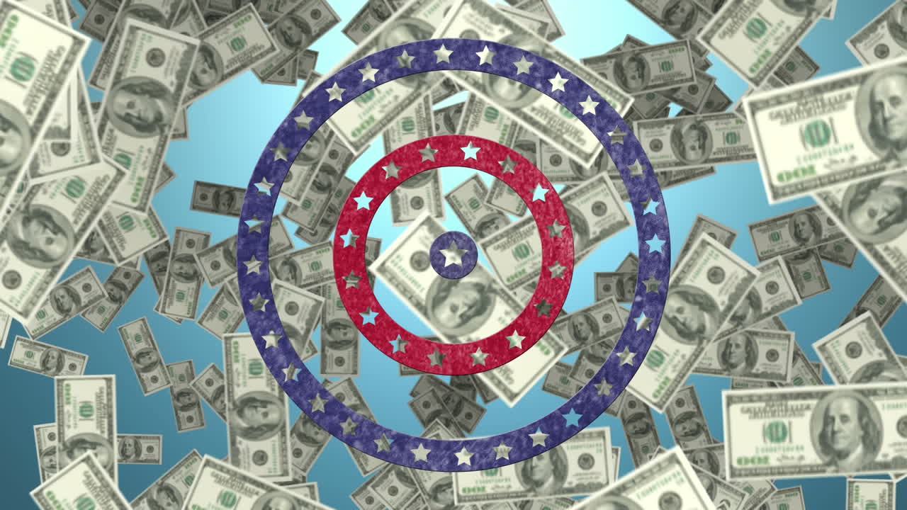 파란색 배경에 떨어지는 미국 달러 위에 회전하는 원에 있는 별들