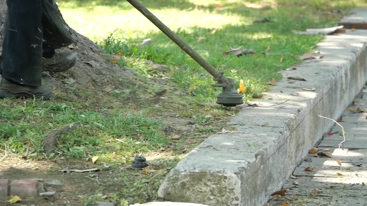 Trimming grass near a sidewalk