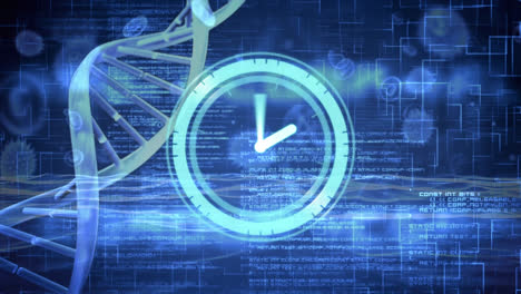 animation of ticking clock, dna structure, data processing and digital waves on blue background