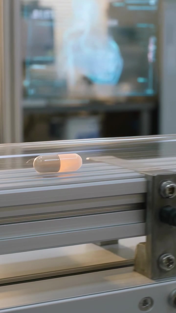 Video verticale: Capsula bicolore che scorre lungo un binario in laboratorio per ispezione, superando una staffa.