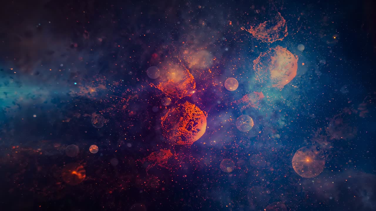 Opening cosmic scene revealing molten spheres and bubbles drifting in space, with embers scattering