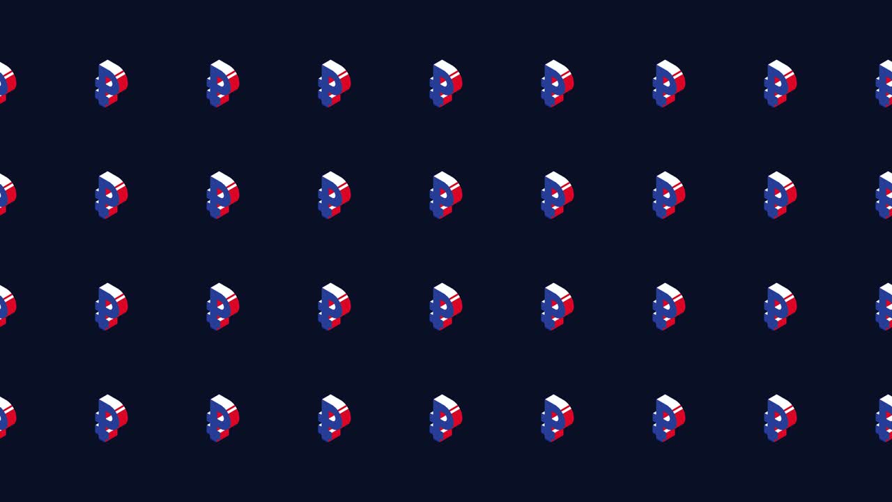 Isometric symbols of Russian currency Ruble in animated pattern on a dark background. Simple seamless loop modern motion graphics