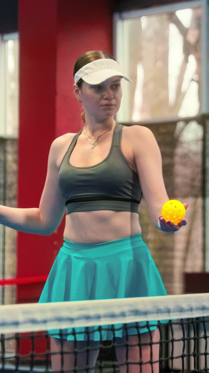 Woman playing pickleball on a blue, inside court. Vertical