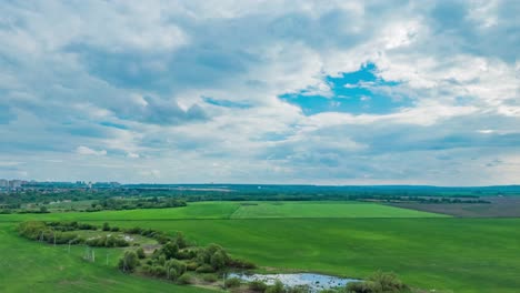 aerial view of green fields and countryside