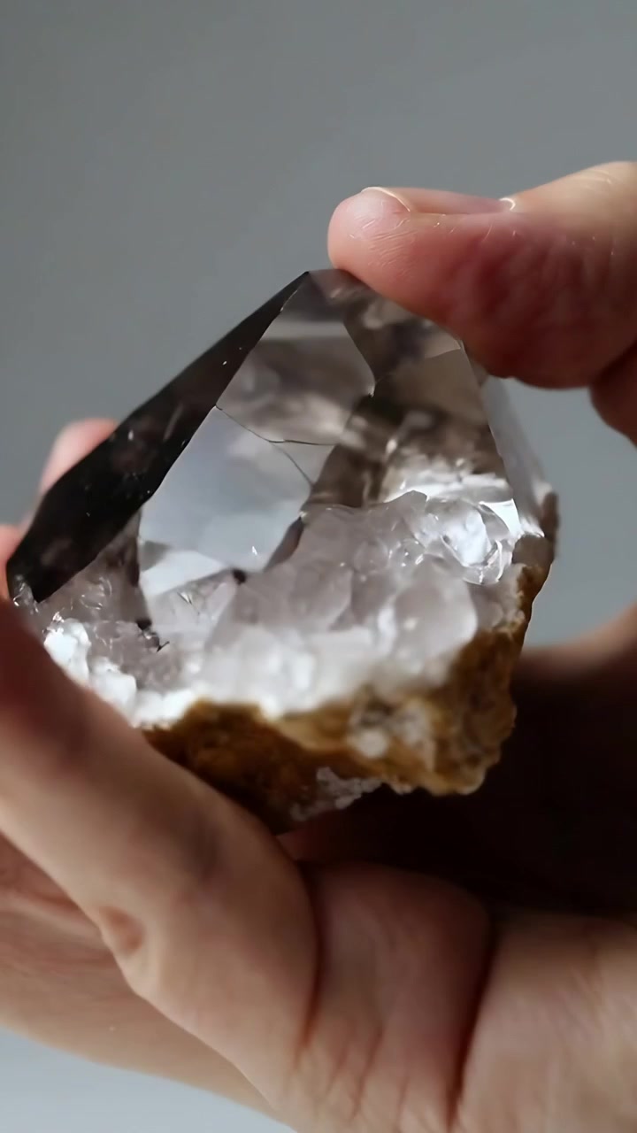 Vertical video: Adjusting grip hands turning smoky quartz at table after thumb tap, showing facets