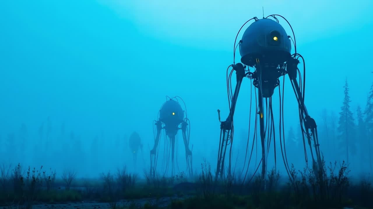 A group of giant robots standing in the middle of a forest