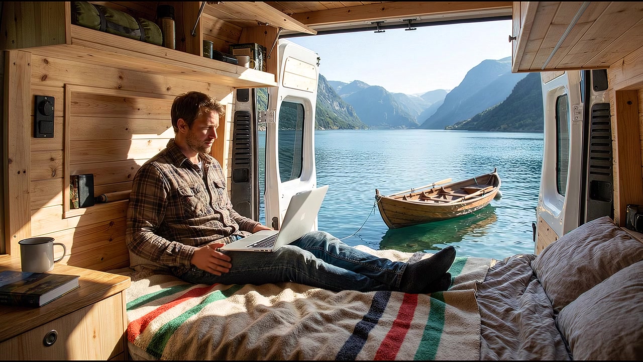 Uomo seduto in un camper che digita su un laptop con una barca e un lago fuori dalle porte aperte del camper in una natura panoramica
