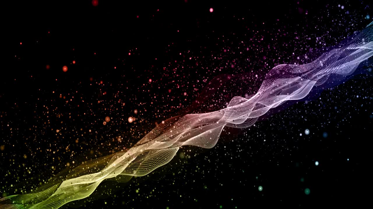 Futuristic animation with colorful wave object and glitter particles in slow motion, 4096x2304 loop 4K