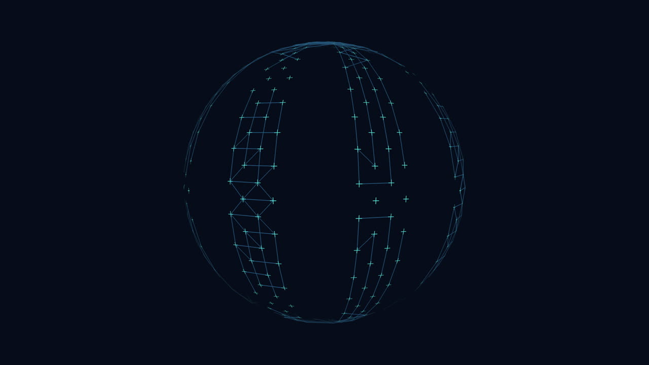 Neon futuristic sphere with connected crosses and lines on dark space