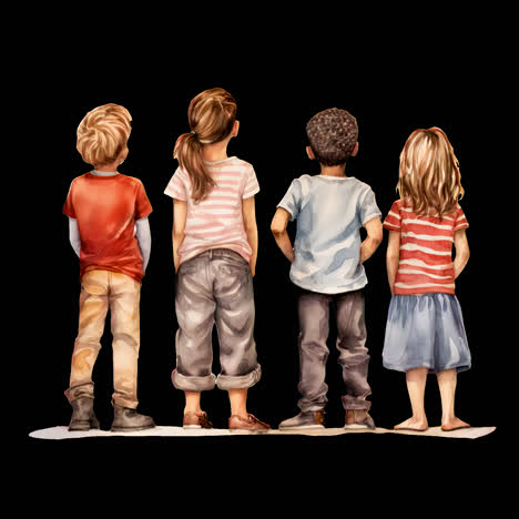 diverse children standing together animation isolated asset, transparent 4k video, alpha channel