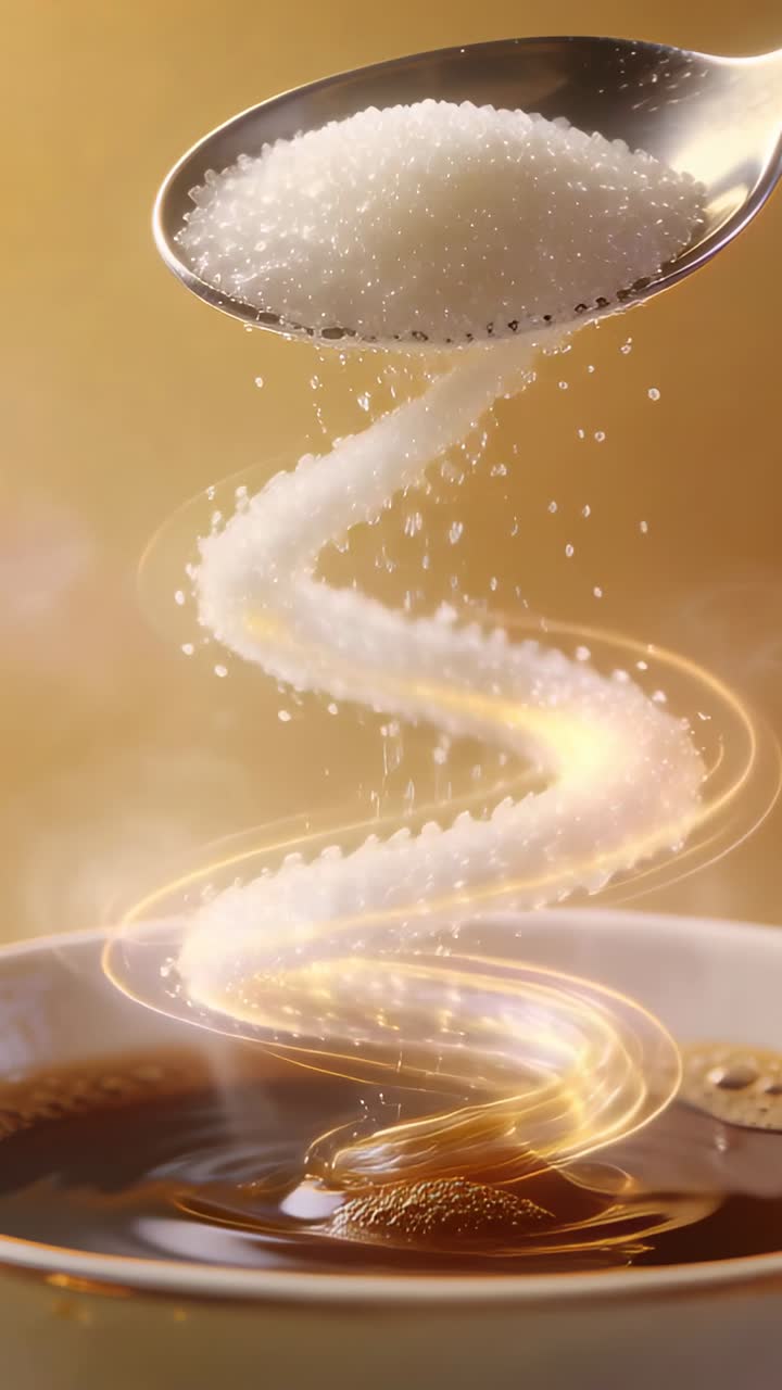 Video verticale: Un cucchiaino di metallo che versa zucchero bianco in una tazza di caffè scuro, dolcificando la bevanda.