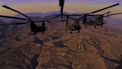 Military Helicopters Over Mountainous Terrain