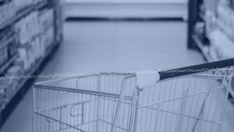 Statistical-data-processing-against-close-up-of-a-shopping-cart-at-supermarket
