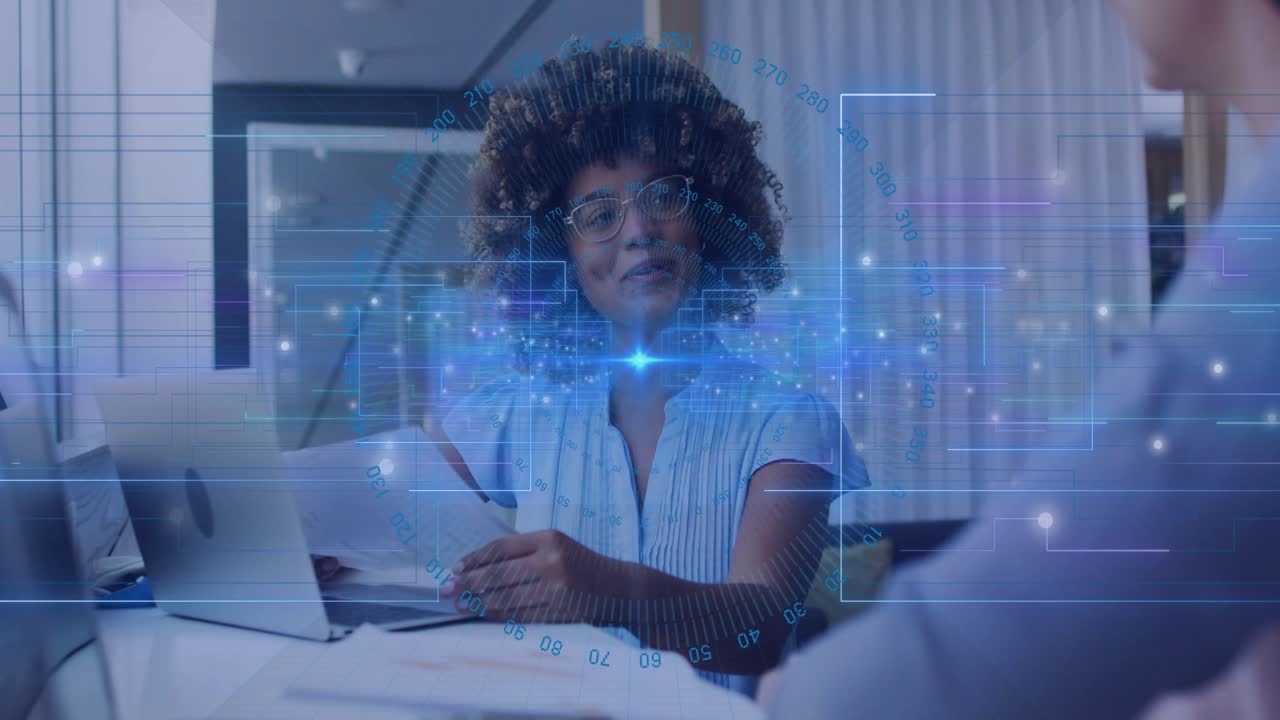 Woman picking report after laptop prompt and working with partner amid animated business network