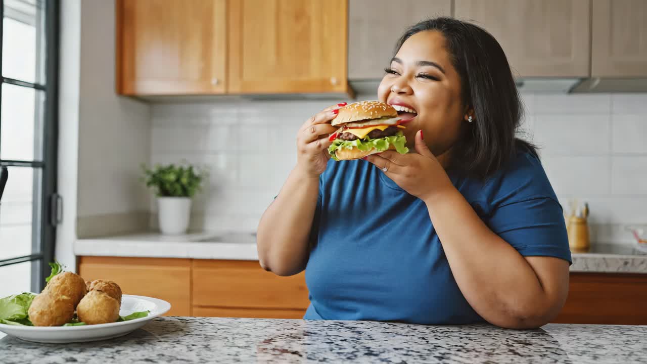 Woman enjoying a burger in the kitchen